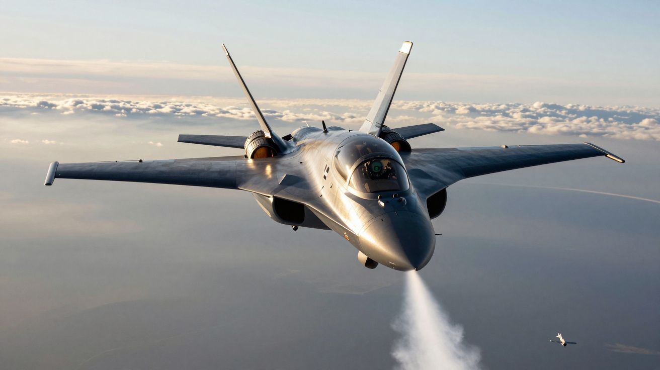 Caça militar moderno a voar acima das nuvens com rasto de condensação em céu claro ao pôr do sol.