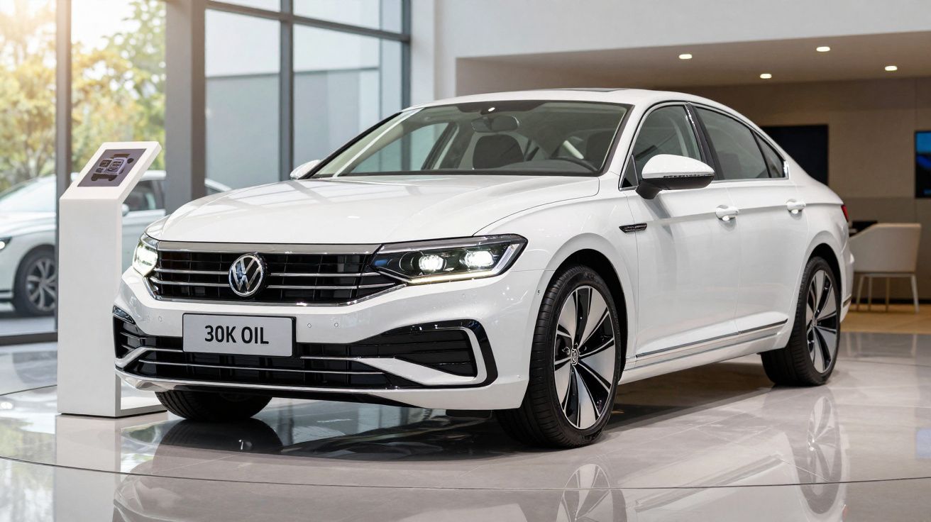 Carro branco Volkswagen sedan exposto em salão moderno com placa "30K OIL".