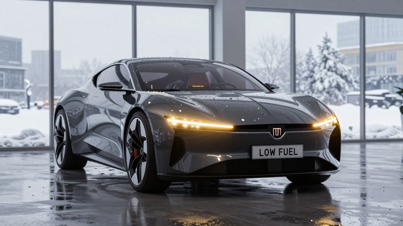 Carro desportivo cinzento brilhante parado em garagem com faróis dianteiros ligados e chuva na superfície.