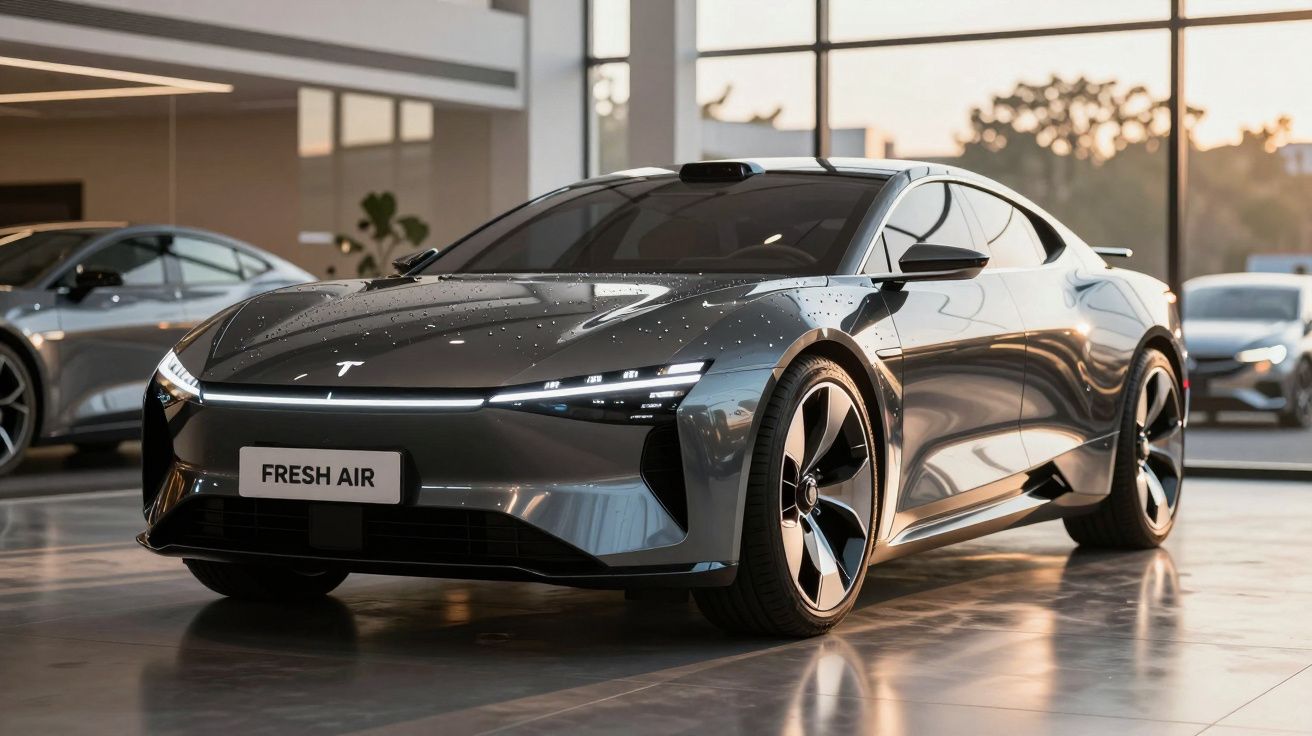 Carro elétrico desportivo cinza escuro com linhas aerodinâmicas, estacionado em salão moderno com janelas grandes.
