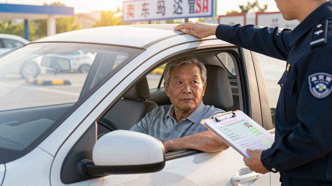 Homem idoso no carro conversa com policial que segura uma ficha numa mão junto à janela do carro.