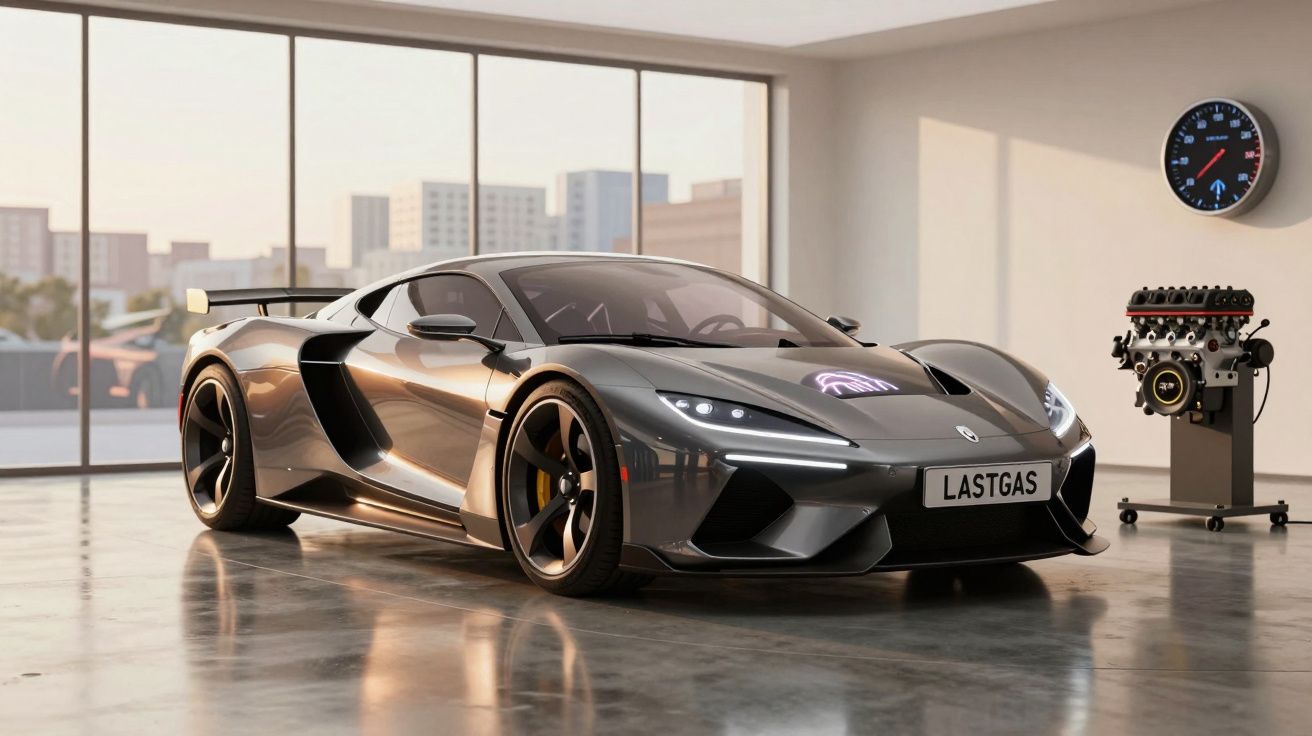 Carro desportivo cinzento brilhante estacionado numa garagem moderna com motor exposto e relógio na parede.