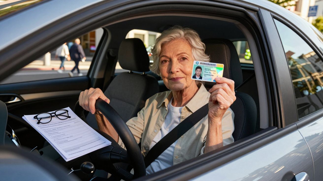 Mulher idosa sentada ao volante de carro, a mostrar licença de condução, com prancheta e óculos no banco do passageiro.