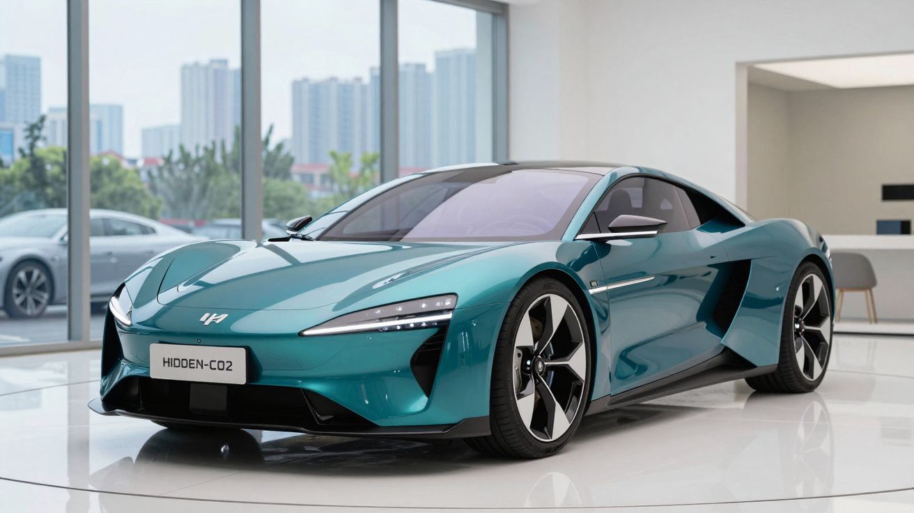 Carro desportivo elétrico azul metálico estacionado num showroom moderno com grande janela.