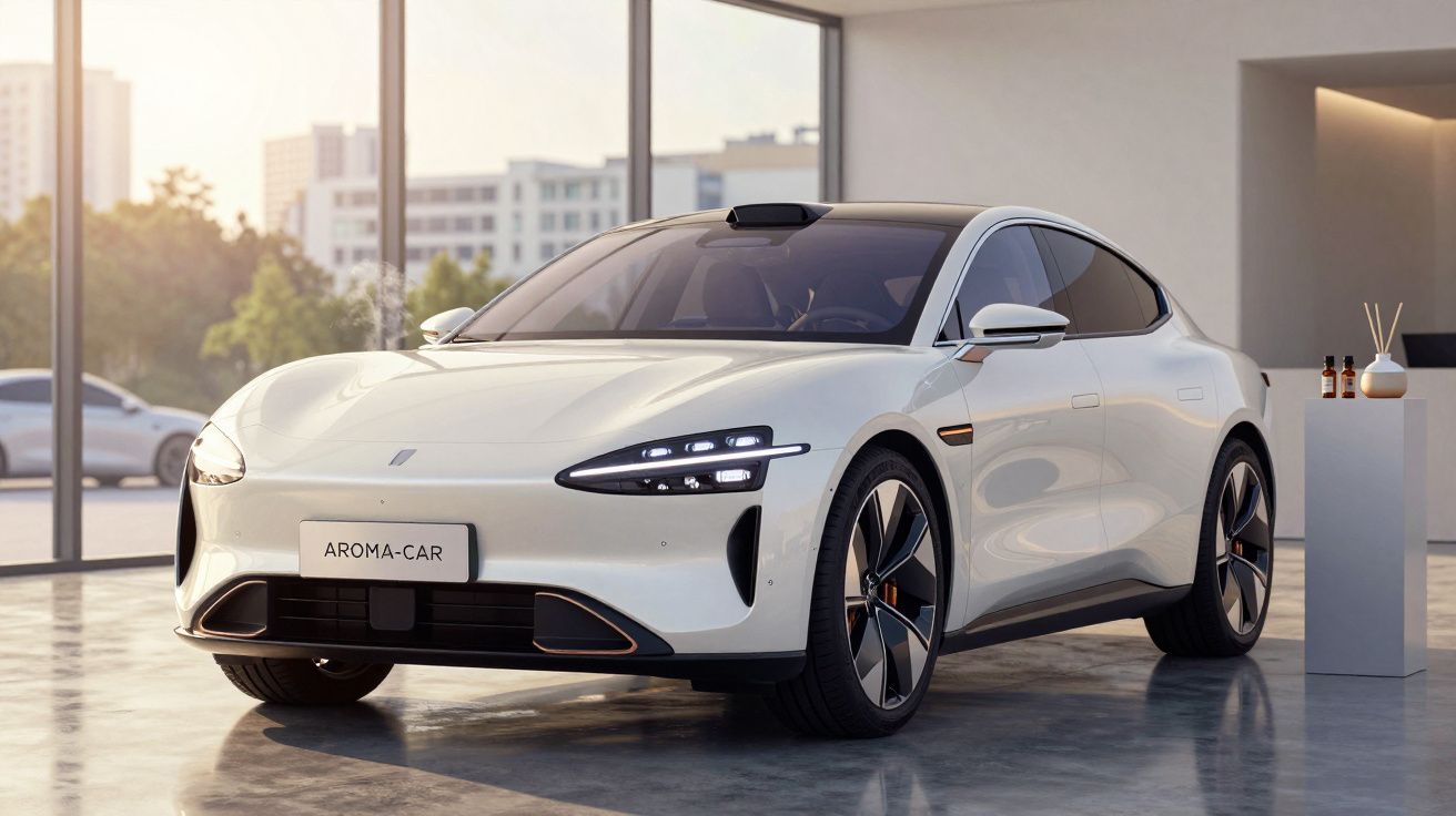 Carro elétrico branco moderno estacionado em espaço interior com janelas grandes e luz natural.