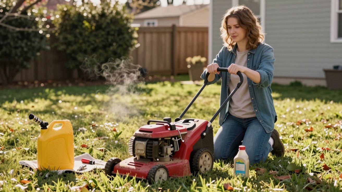 Mulher ajoelhada a inspeccionar um cortador de relva em jardim com recipiente amarelo e líquido ao lado.