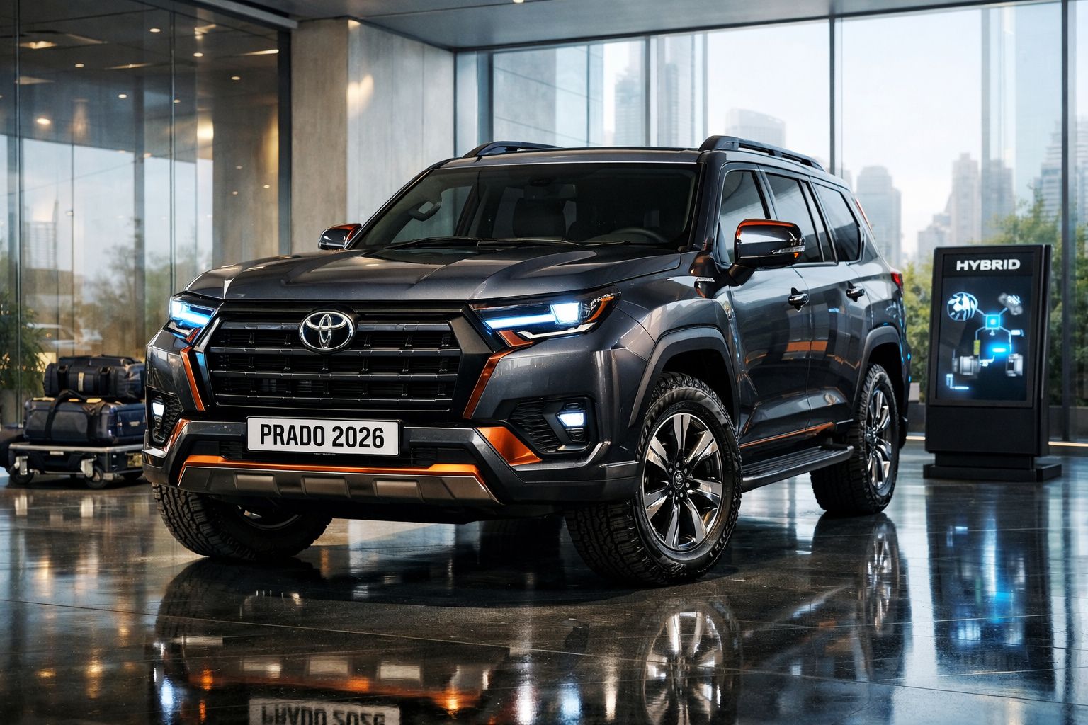 Toyota Prado 2026 cinzento escuro estacionado em showroom moderno com luzes LED acesas.