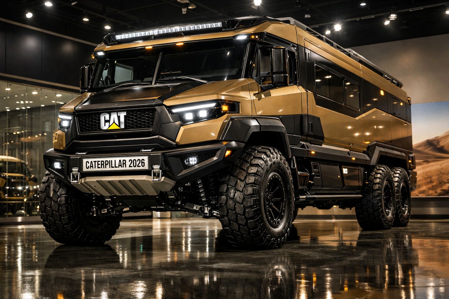 Veículo todo-o-terreno Caterpillar 2026 dourado robusto com seis rodas em exposição interior.