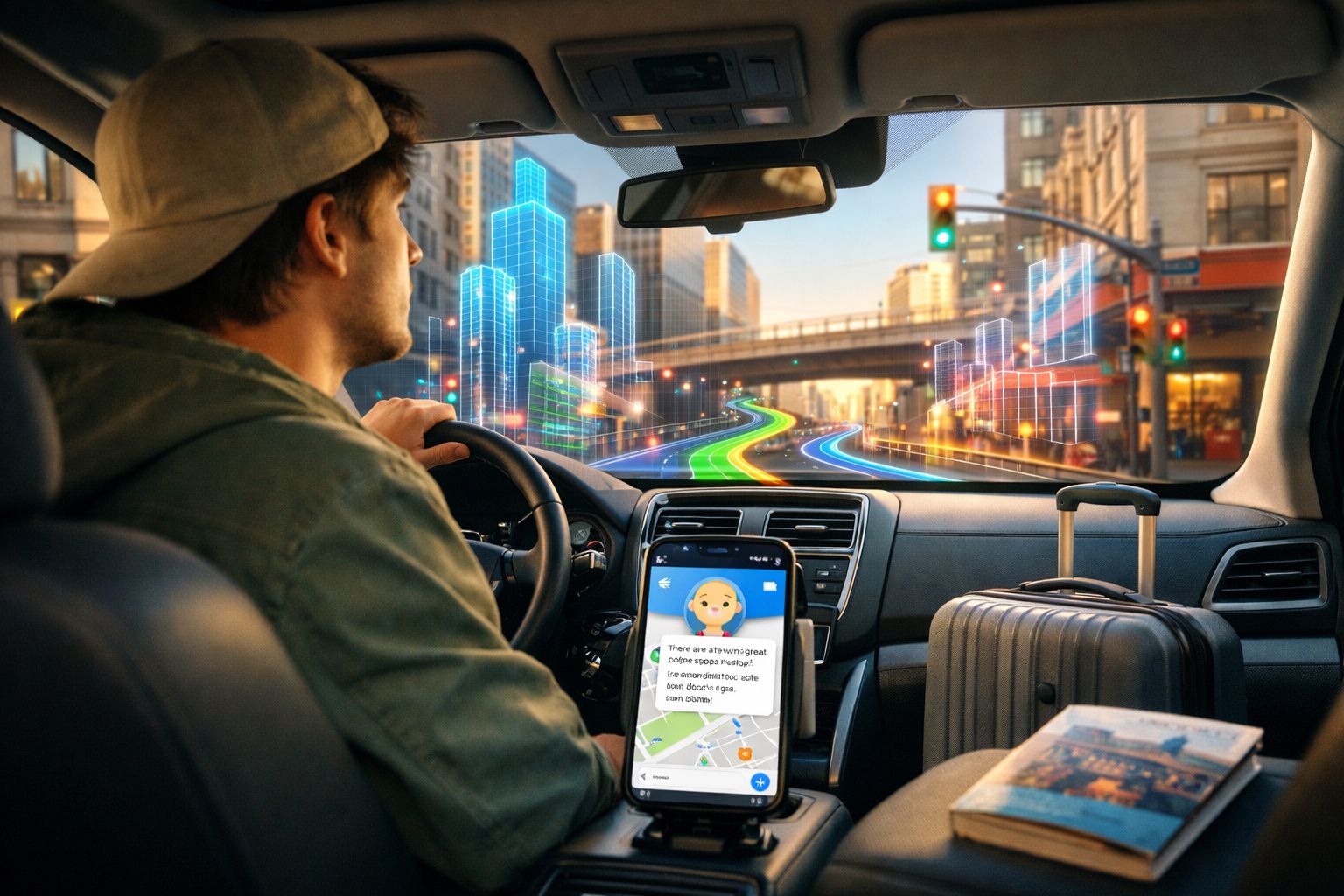 Homem conduz carro com mapas digitais e gráficos futuristas na cidade ao entardecer.