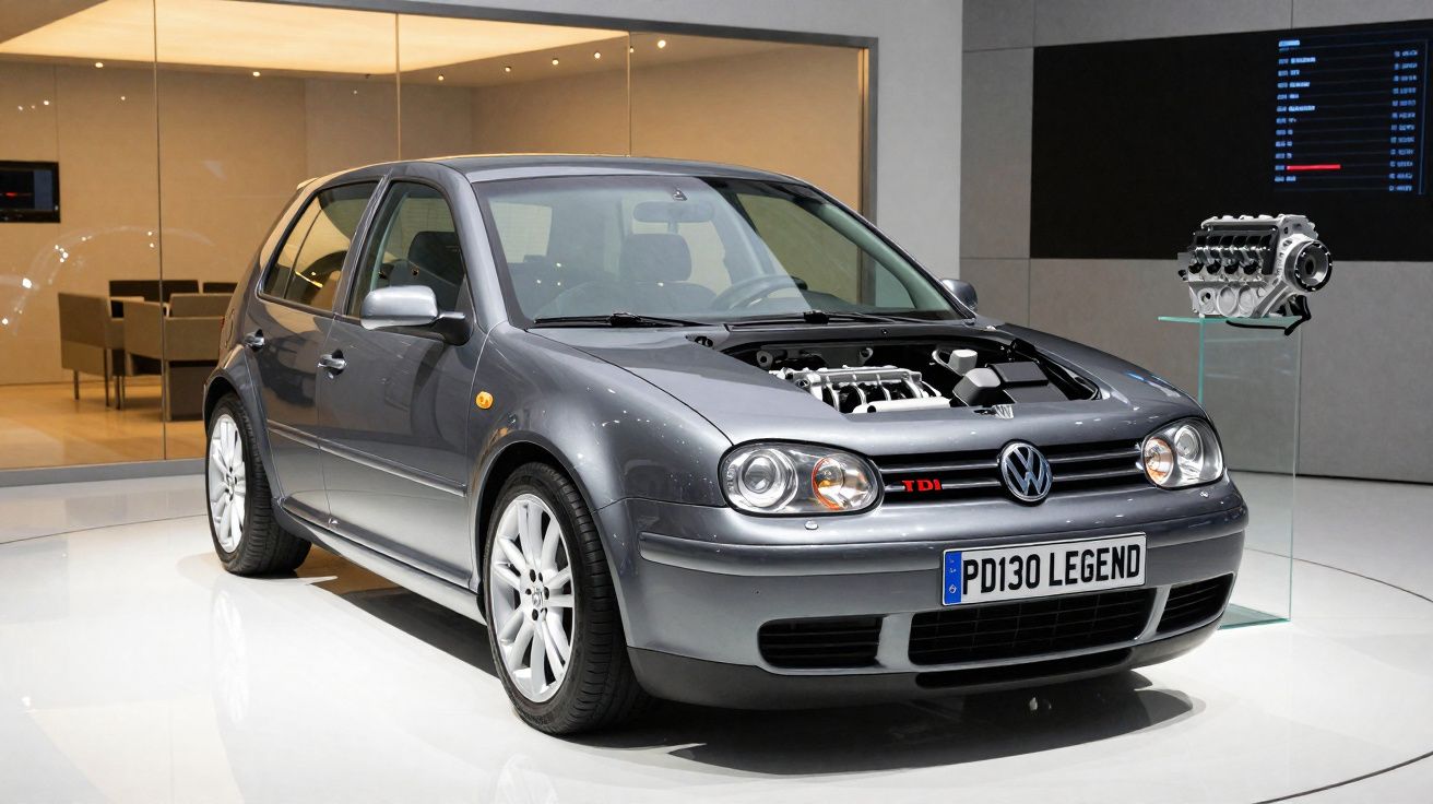 Carro Volkswagen cinzento modelo Golf TDI exposto em interior com capô aberto mostrando motor.