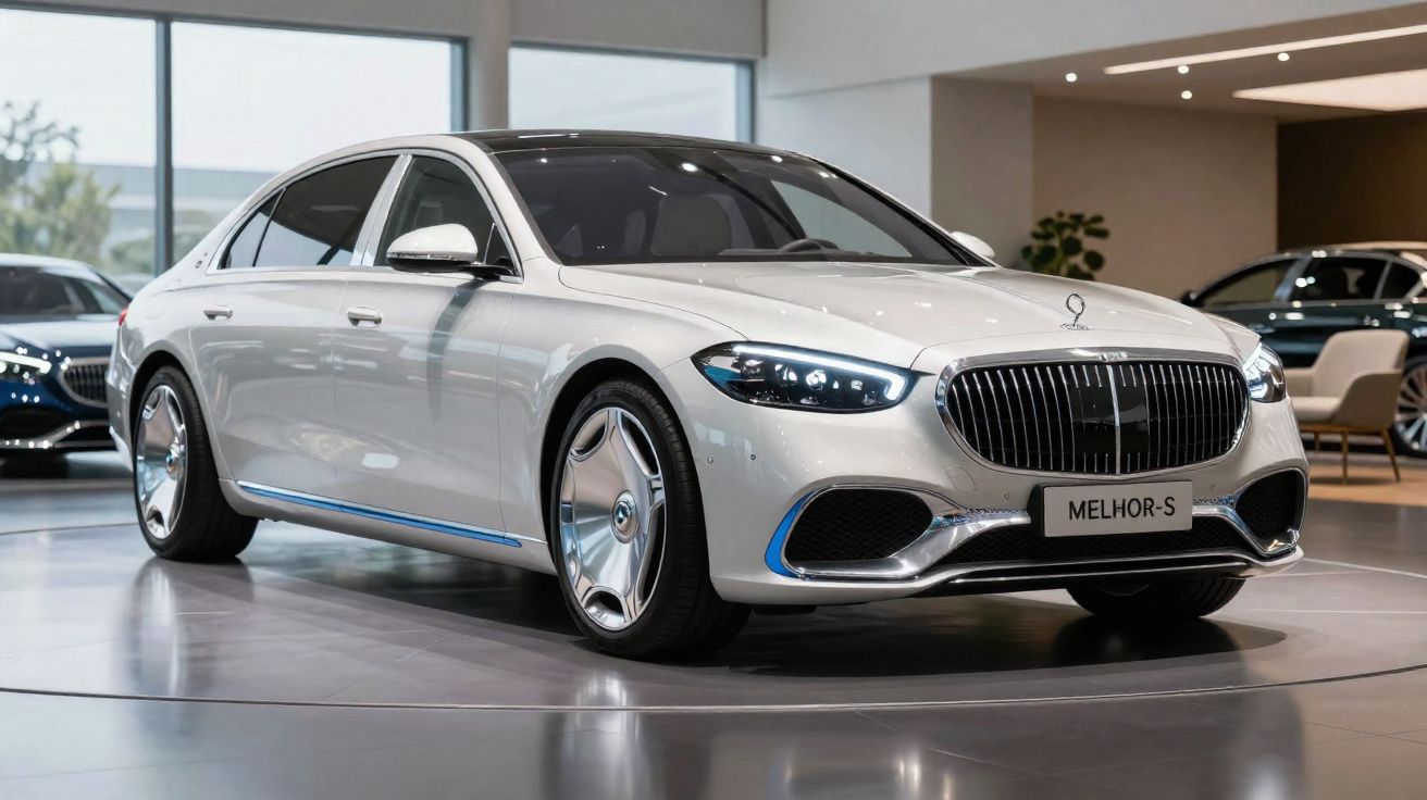 Carro de luxo Mercedes-Benz branco modelo MELHOR-S exibido numa sala de exposição moderna.