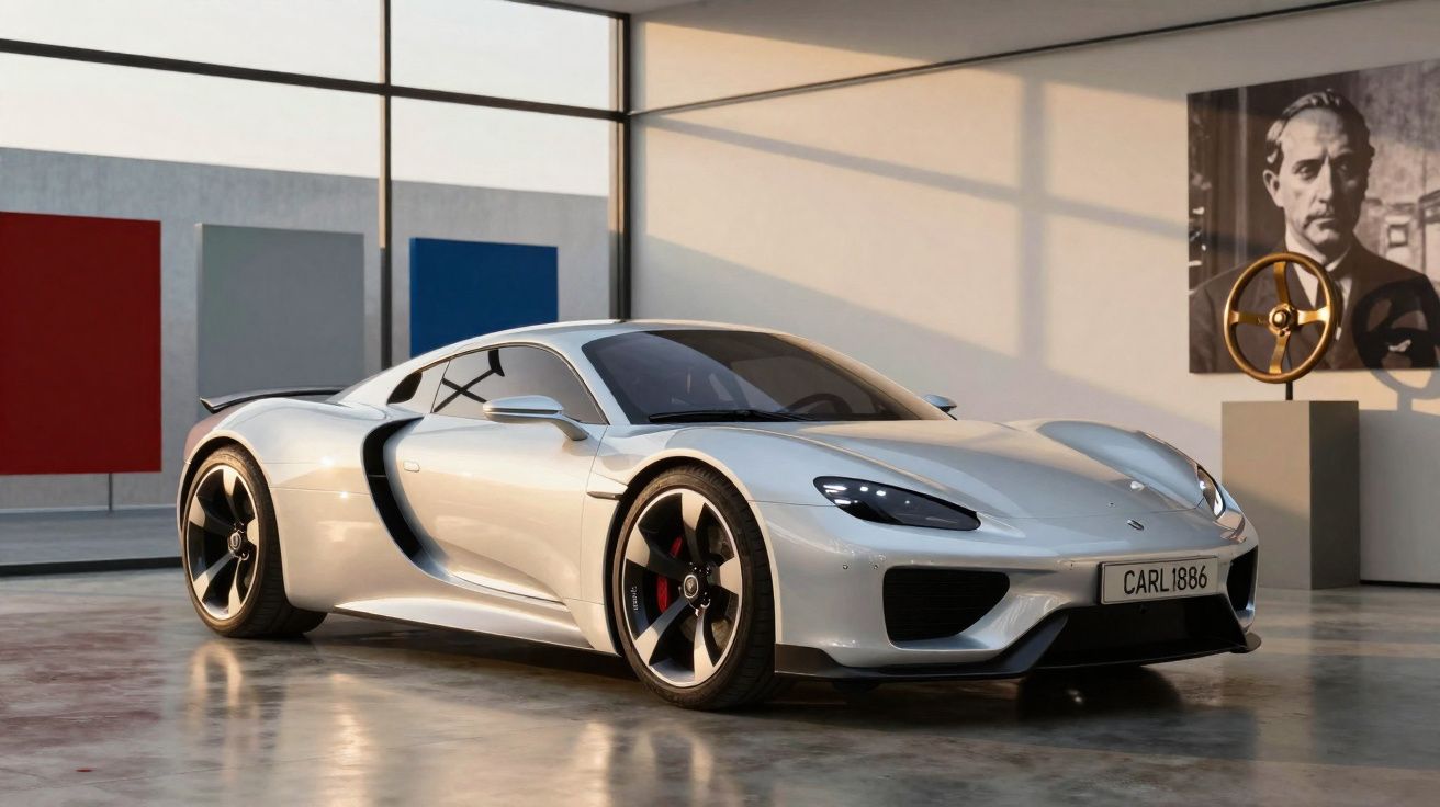 Carro desportivo moderno prateado estacionado dentro de galeria com janelas grandes e retrato na parede.