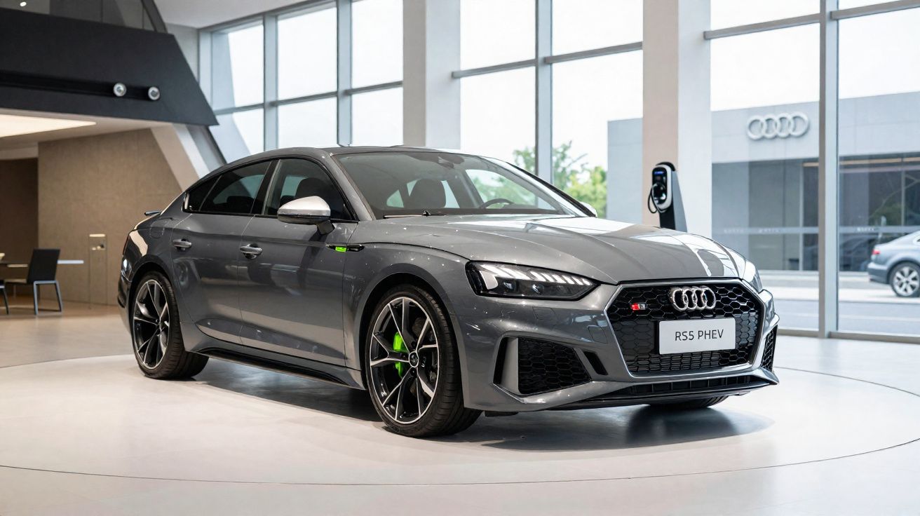 Carro desportivo Audi RS5 PHEV cinza exposto em showroom moderno com janelas amplas e carregador elétrico.