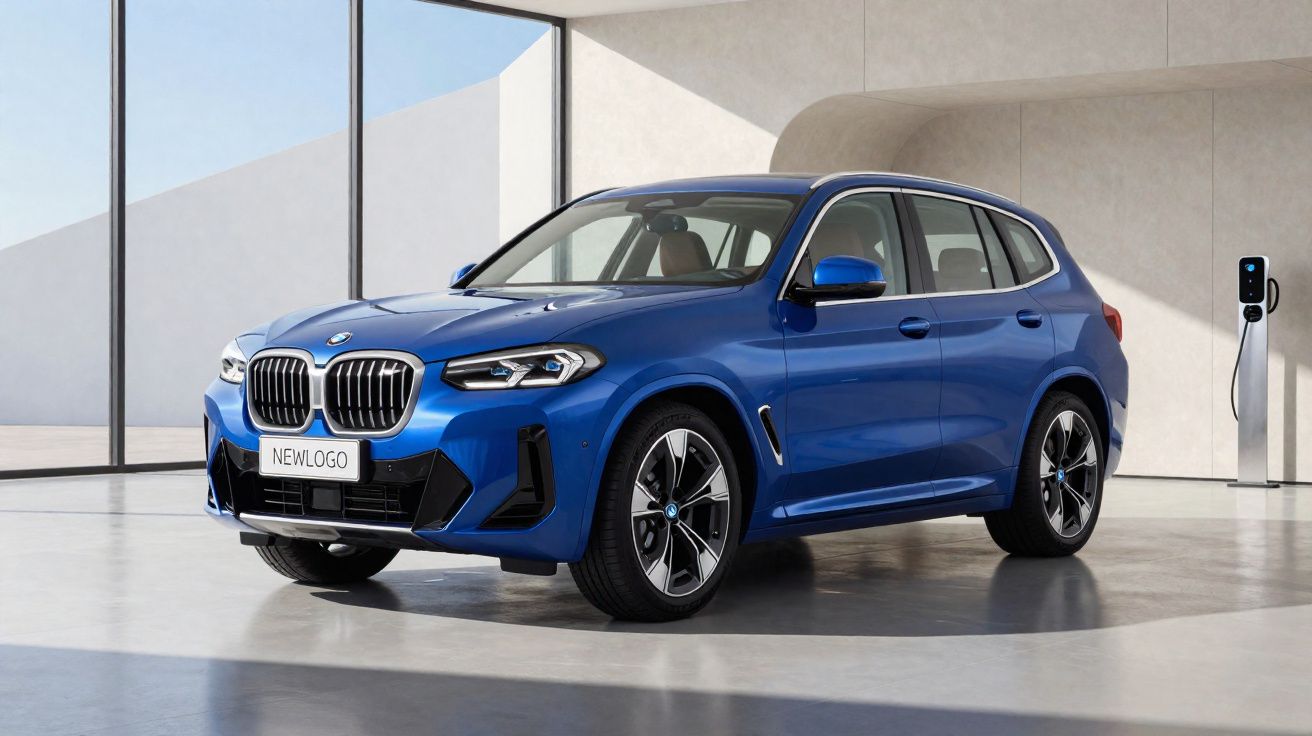 Carro elétrico BMW azul estacionado num espaço interior moderno com estação de carregamento.