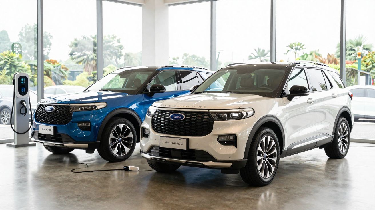 Dois carros SUV Ford elétricos, um azul e um branco, em exposição com carregador elétrico em showroom moderno.