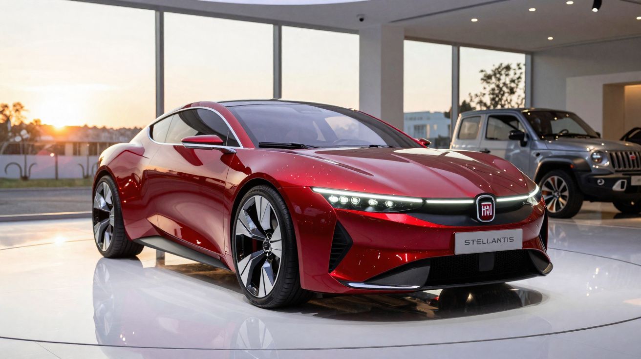 Carro desportivo vermelho brilhante exposto em interior moderno, com jantes grandes e faróis LED finos.