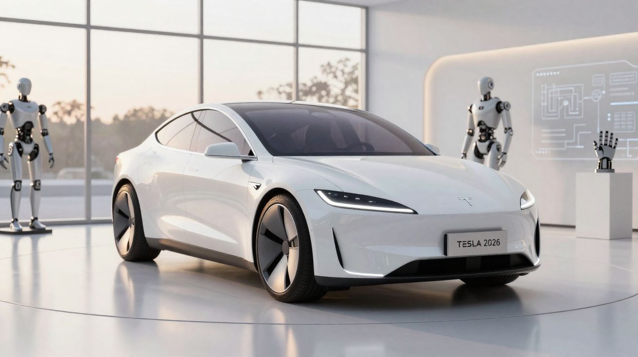 Carro elétrico branco Tesla 2026 numa sala futurista com robôs e painéis digitais ao fundo.