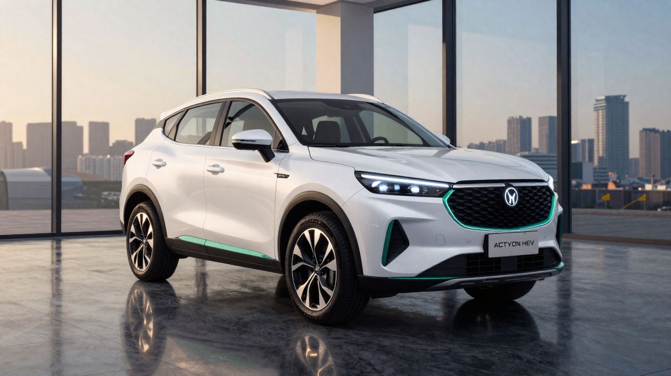 Carro SUV branco estacionado numa sala com grandes janelas e vista para a cidade ao pôr do sol.