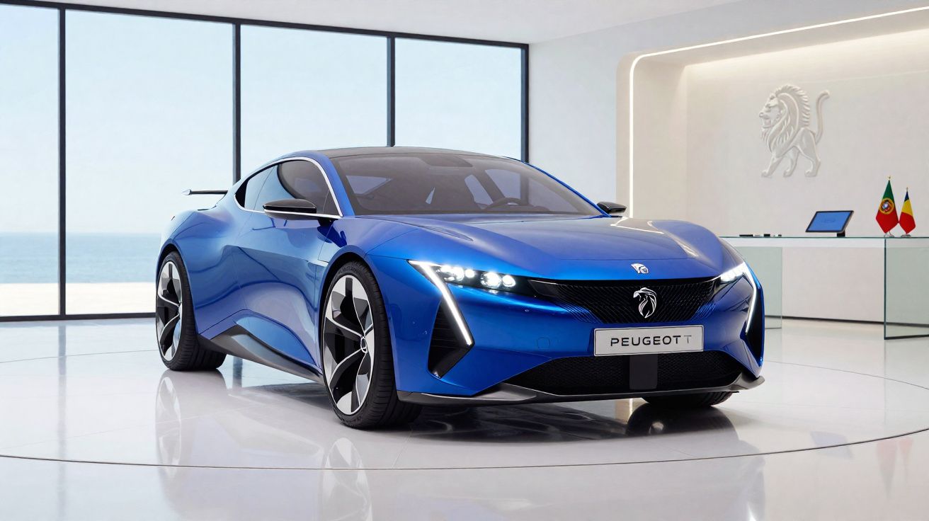 Carro desportivo elétrico azul Peugeot numa sala moderna com grandes janelas e vista para o mar.