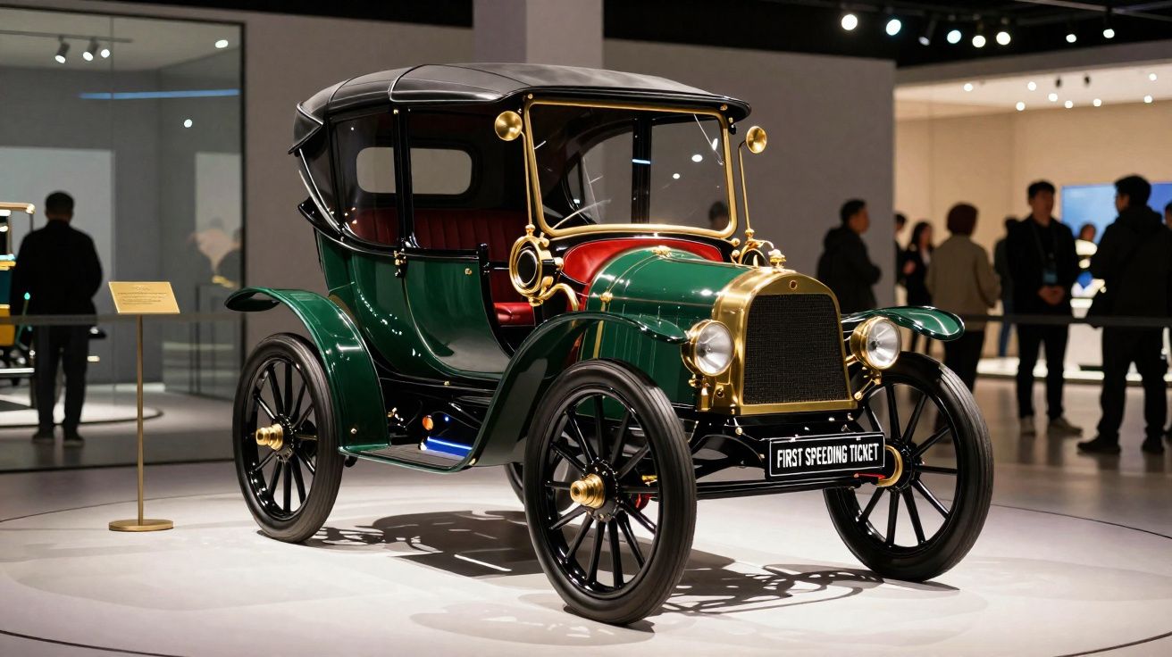 Carro clássico verde com detalhes dourados exposto num museu com visitantes ao fundo.