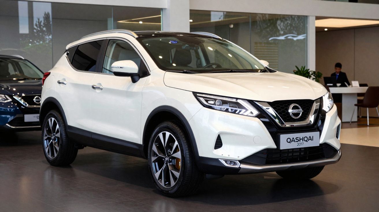 Nissan Qashqai branco estacionado em showroom moderno com design elegante e detalhes pretos.
