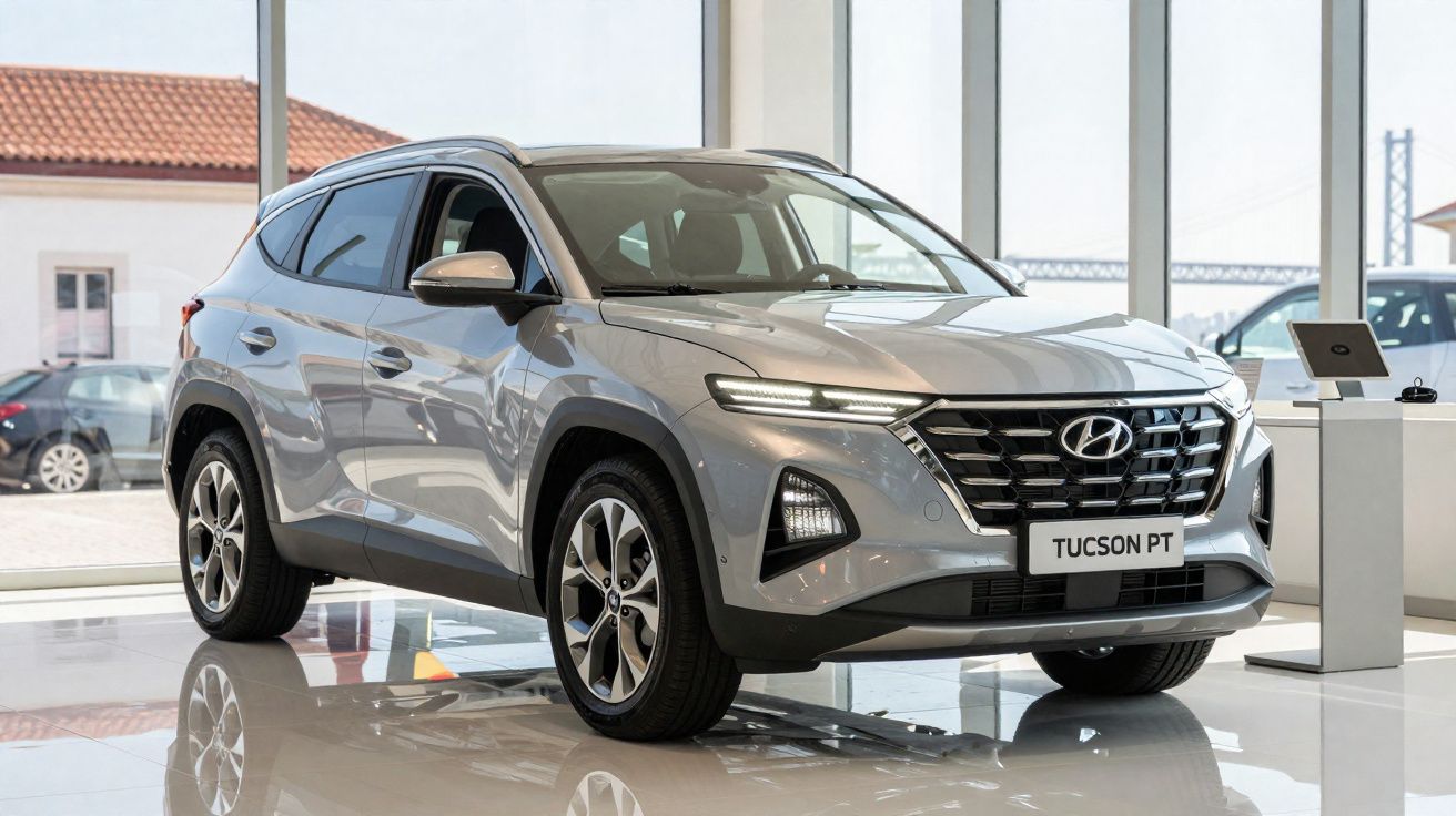 Automóvel Hyundai Tucson PT cinzento num salão de exposições com janela grande ao fundo.