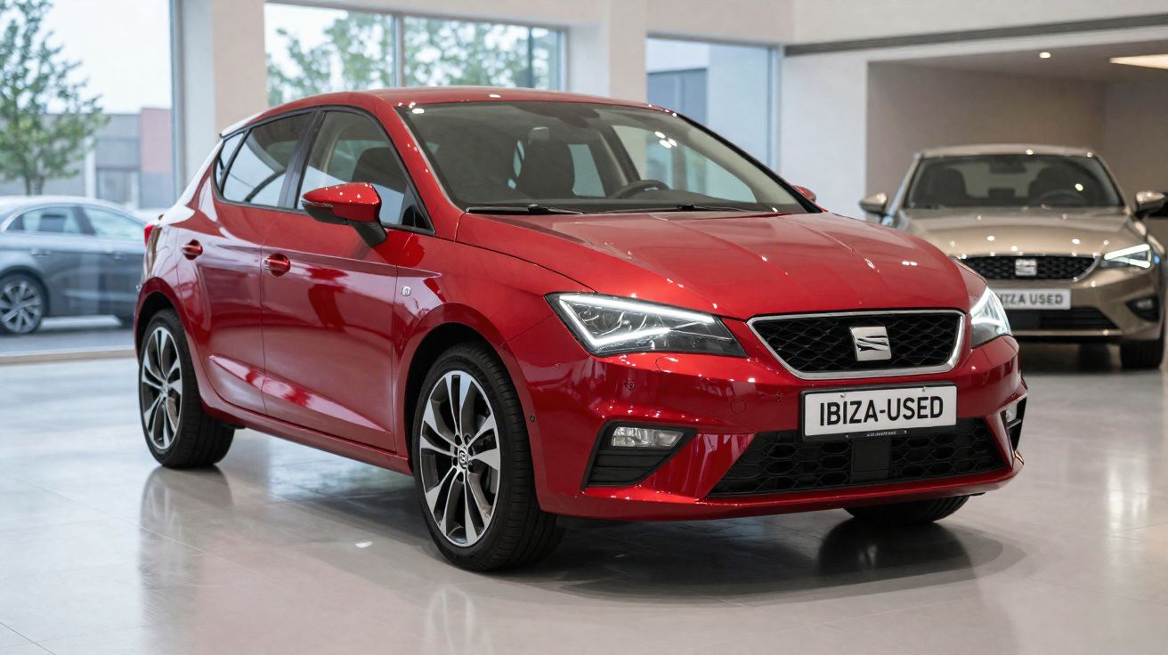 Carro SEAT Ibiza vermelho em exposição numa loja, com placa indicativa "IBIZA-USED".