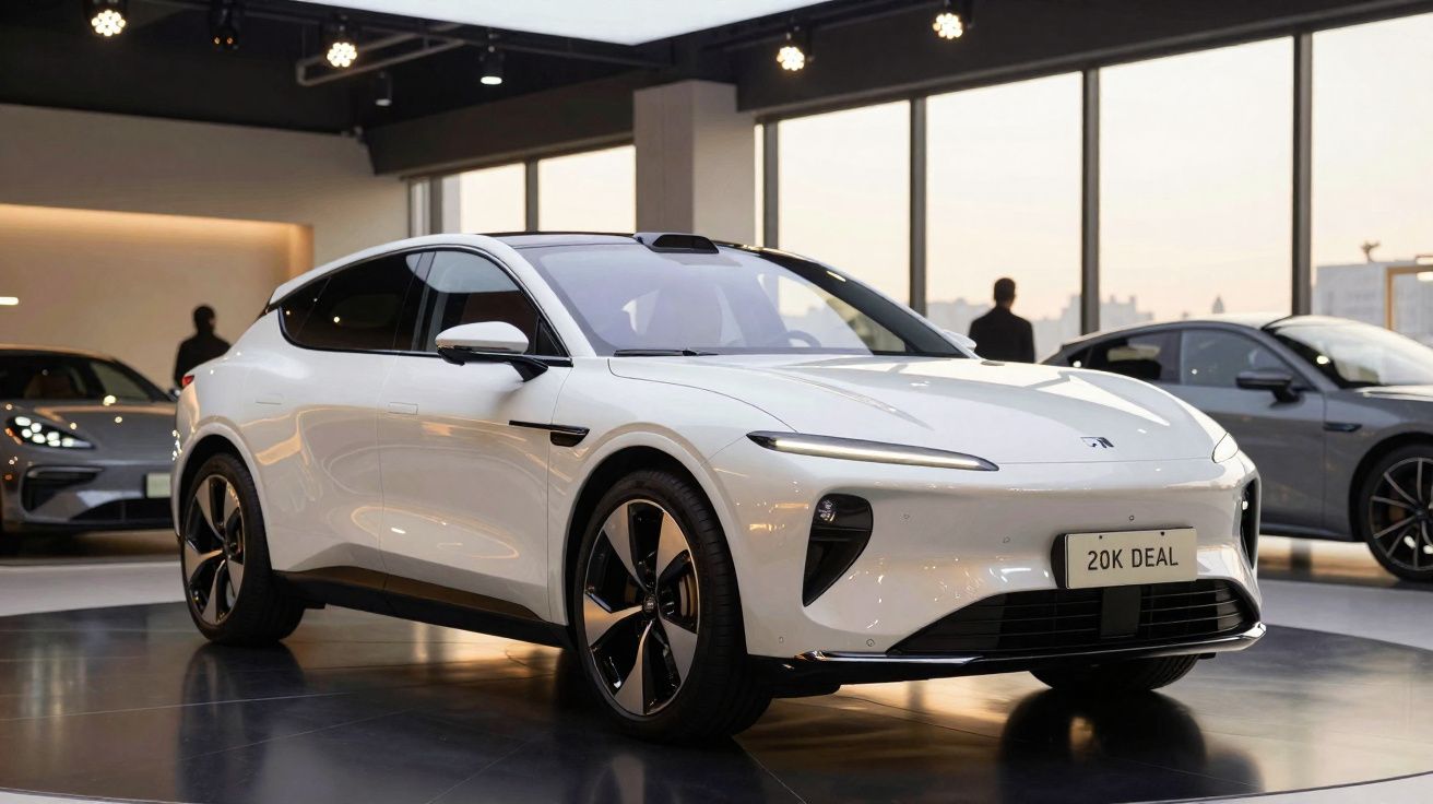 Carro elétrico branco moderno em exposição numa sala com grande janela e iluminação interior.