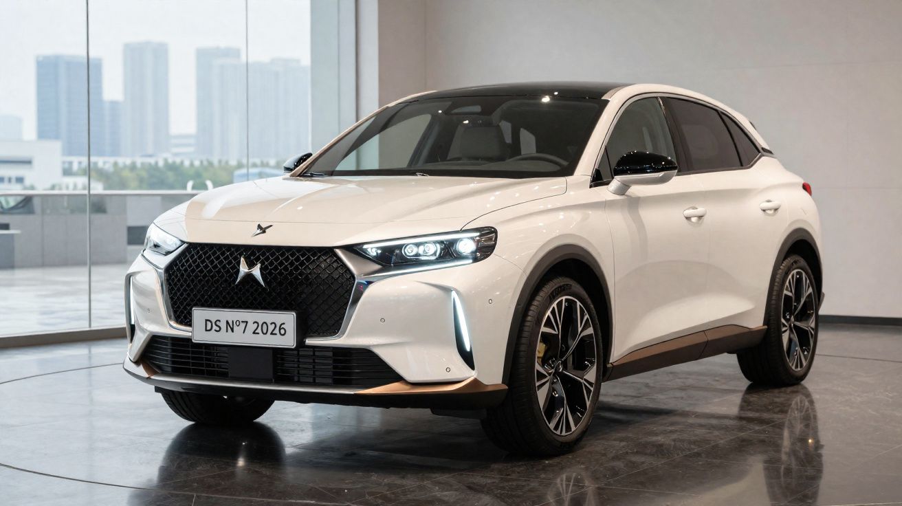 Carro elétrico branco DS 7 2026 em exposição dentro de espaço moderno com chão de mármore.