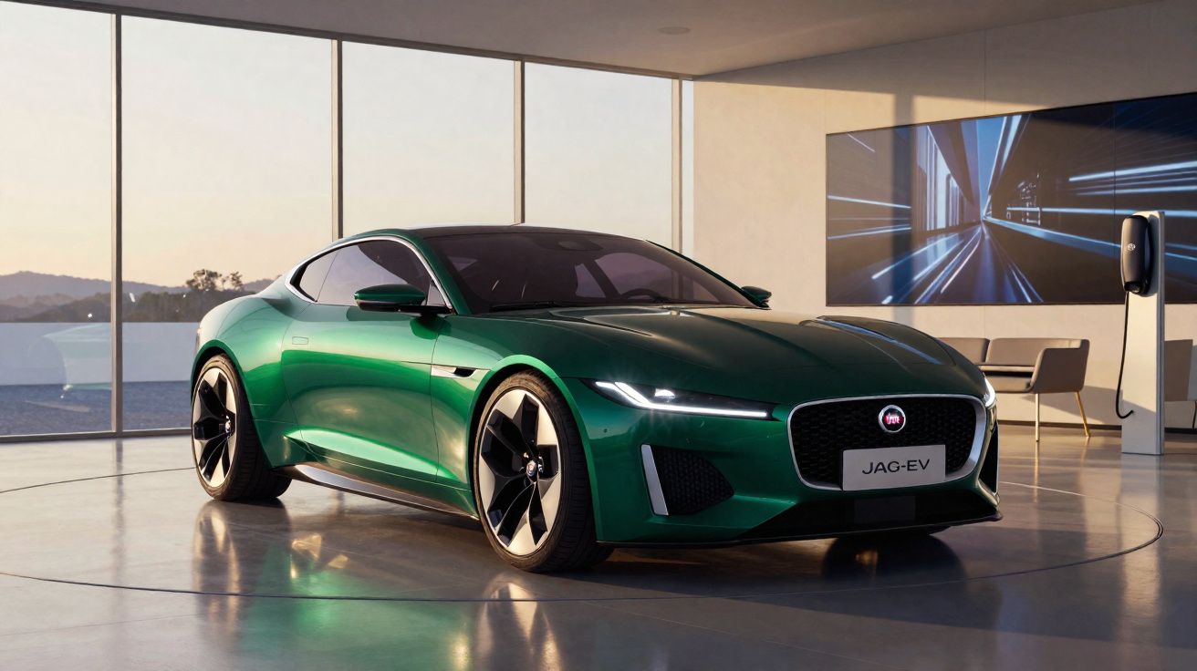 Carro desportivo elétrico verde JAG-EV estacionado numa sala moderna com grandes janelas e luz natural.
