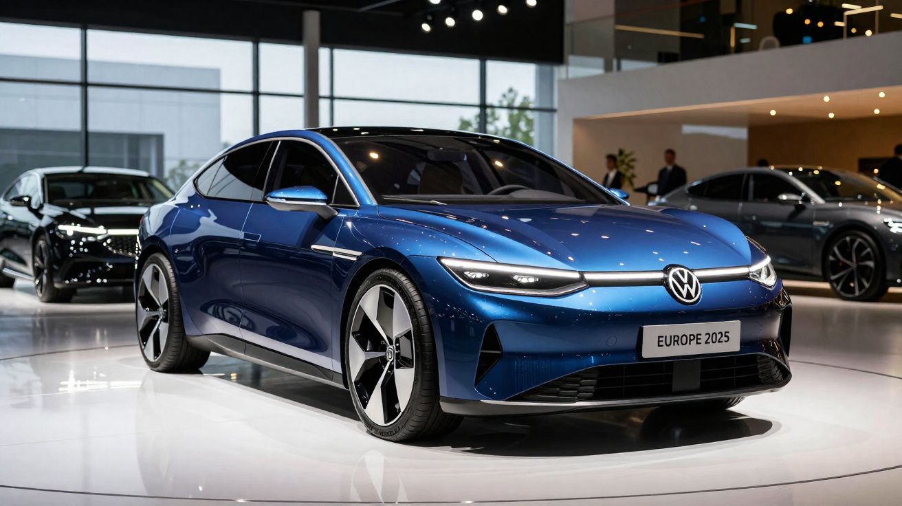 Automóvel elétrico Volkswagen azul exibido em salão automóvel com iluminação moderna.