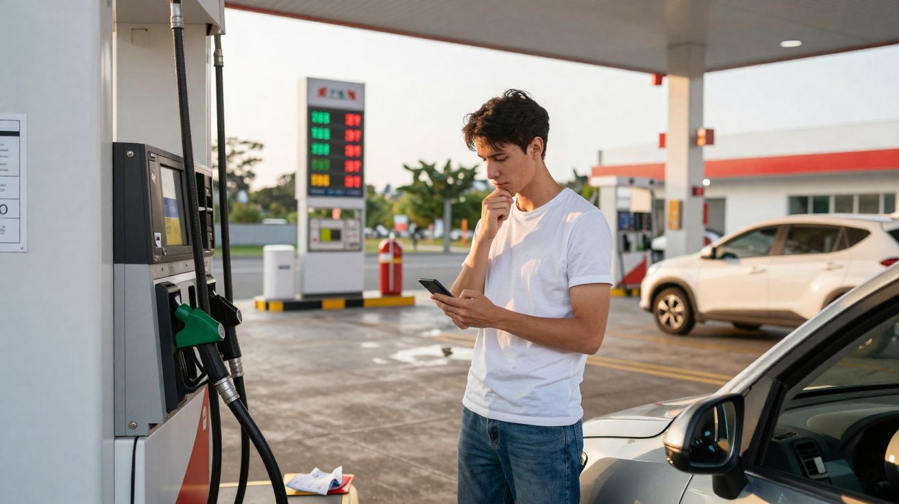Jovem em posto de combustível olhando para o telemóvel ao lado do carro durante o dia.