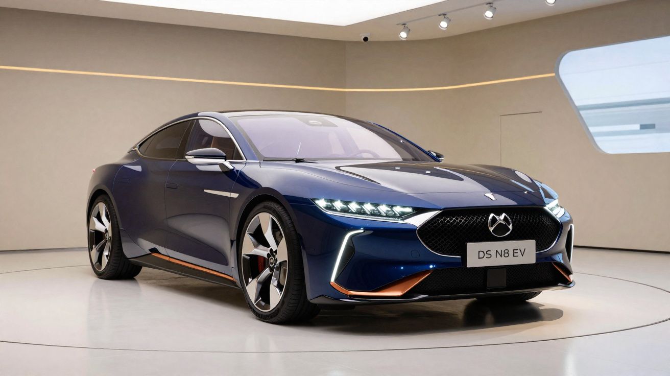 Carro elétrico desportivo DS N8 EV azul escuro em exposição num showroom moderno e minimalista.