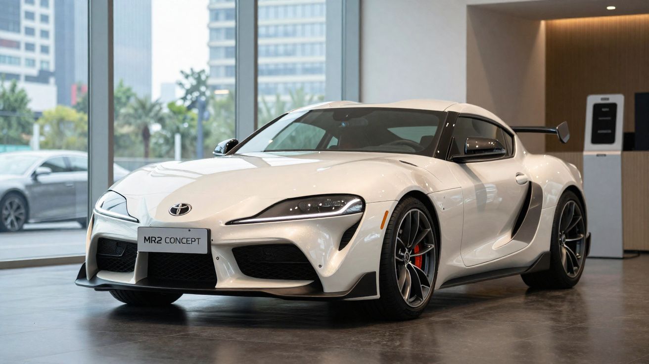 Carro desportivo branco Toyota MR2 Concept em exposição num espaço interior moderno.