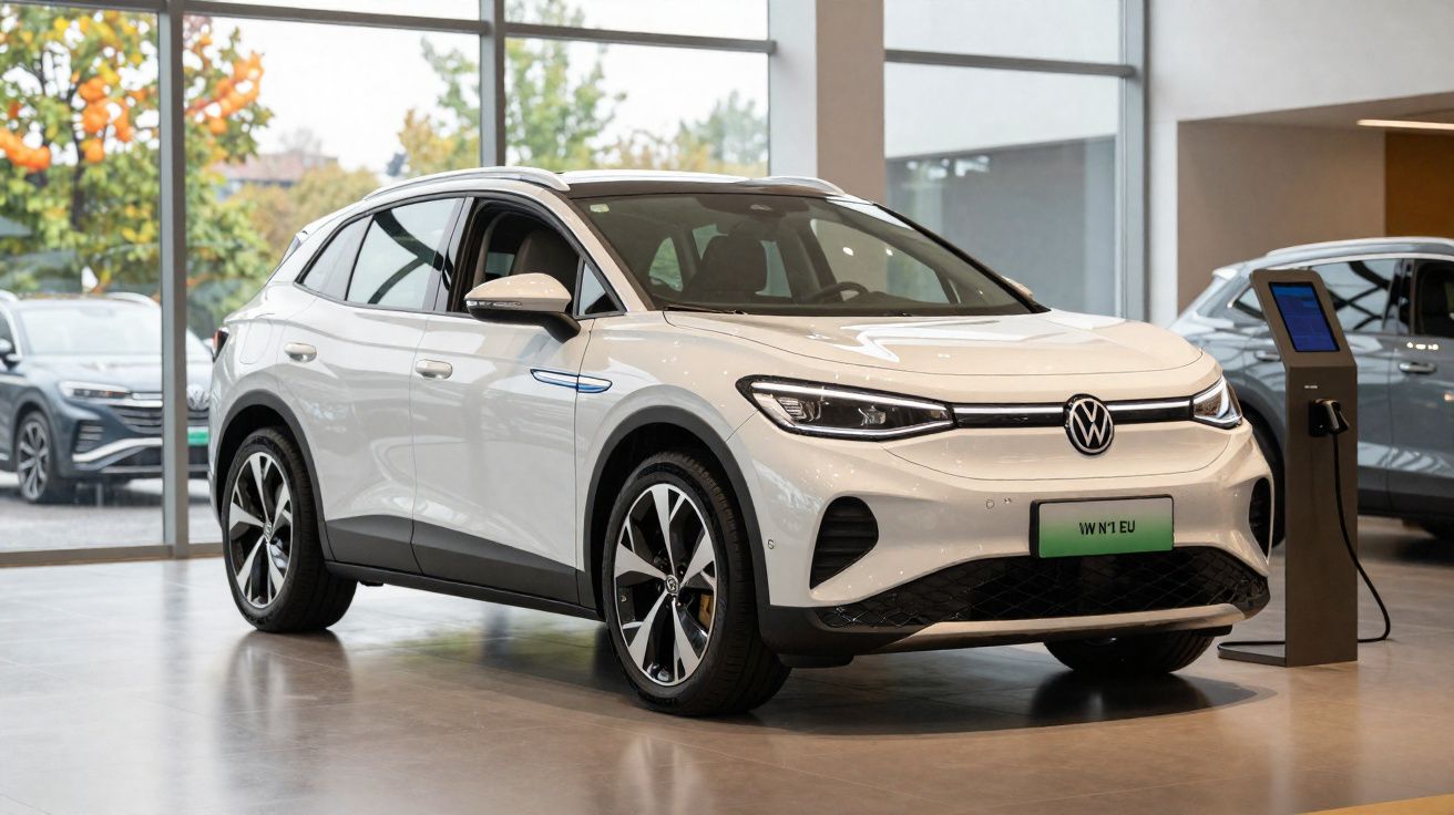 Carro eléctrico branco Volkswagen ID.4 carregando numa estação de carregamento numa sala de exposição moderna