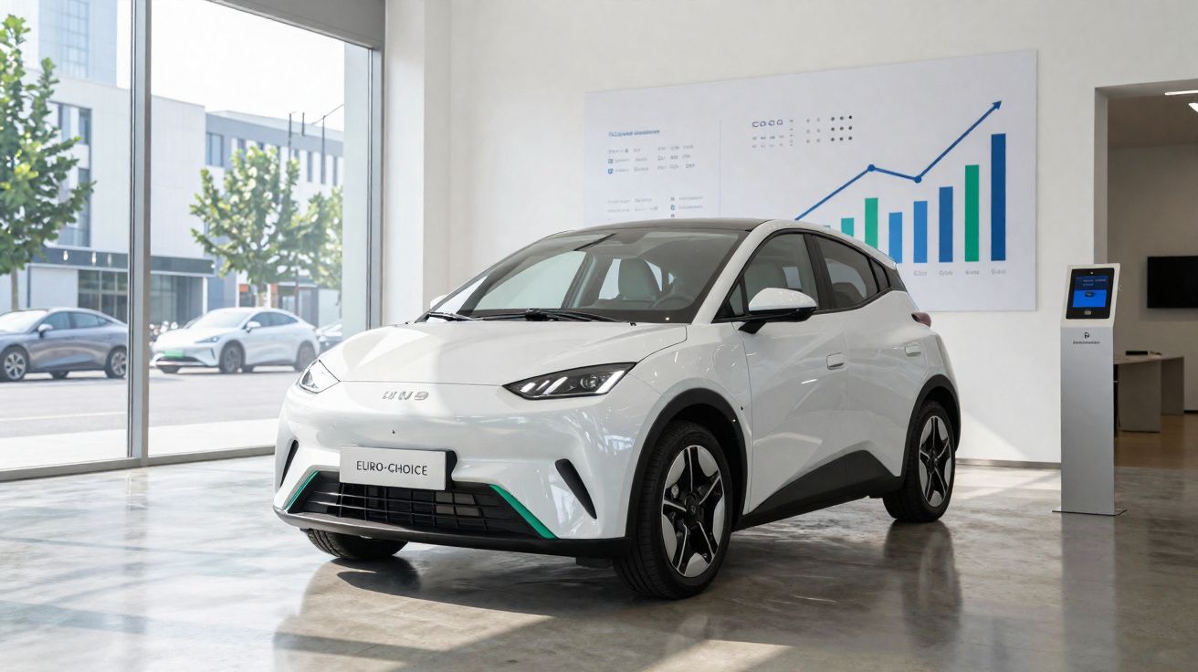 Carro elétrico branco em exposição numa garagem moderna com janelas grandes e gráfico de crescimento na parede.