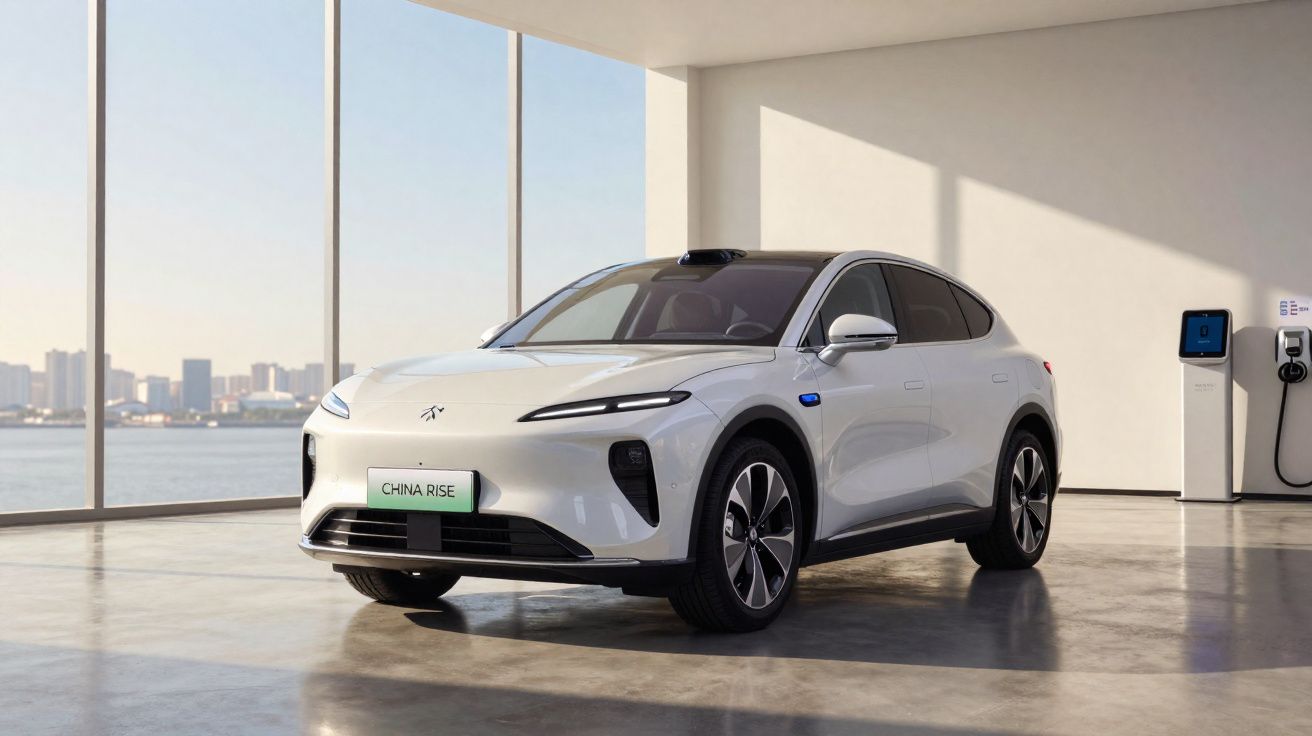 Carro elétrico branco estacionado num espaço interior com janelas grandes e uma estação de carregamento.