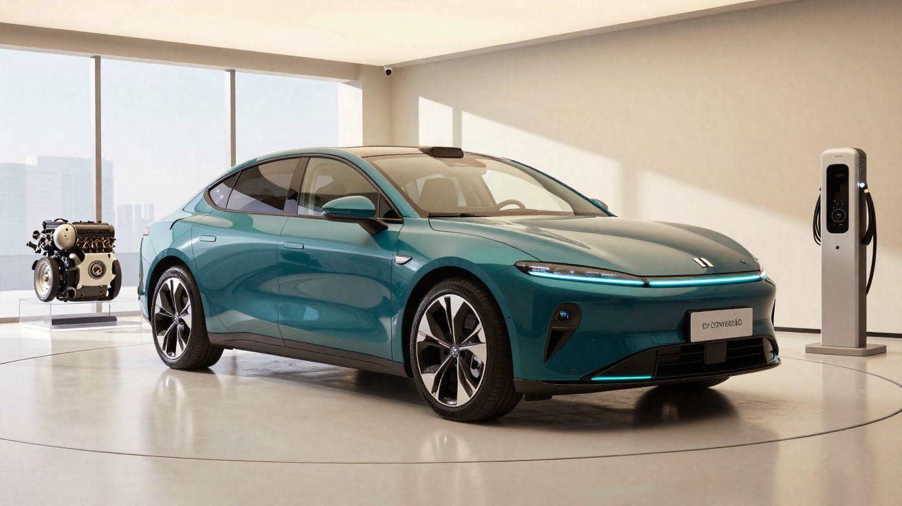 Carro elétrico moderno azul numa sala com carregador e motor exposto ao fundo.