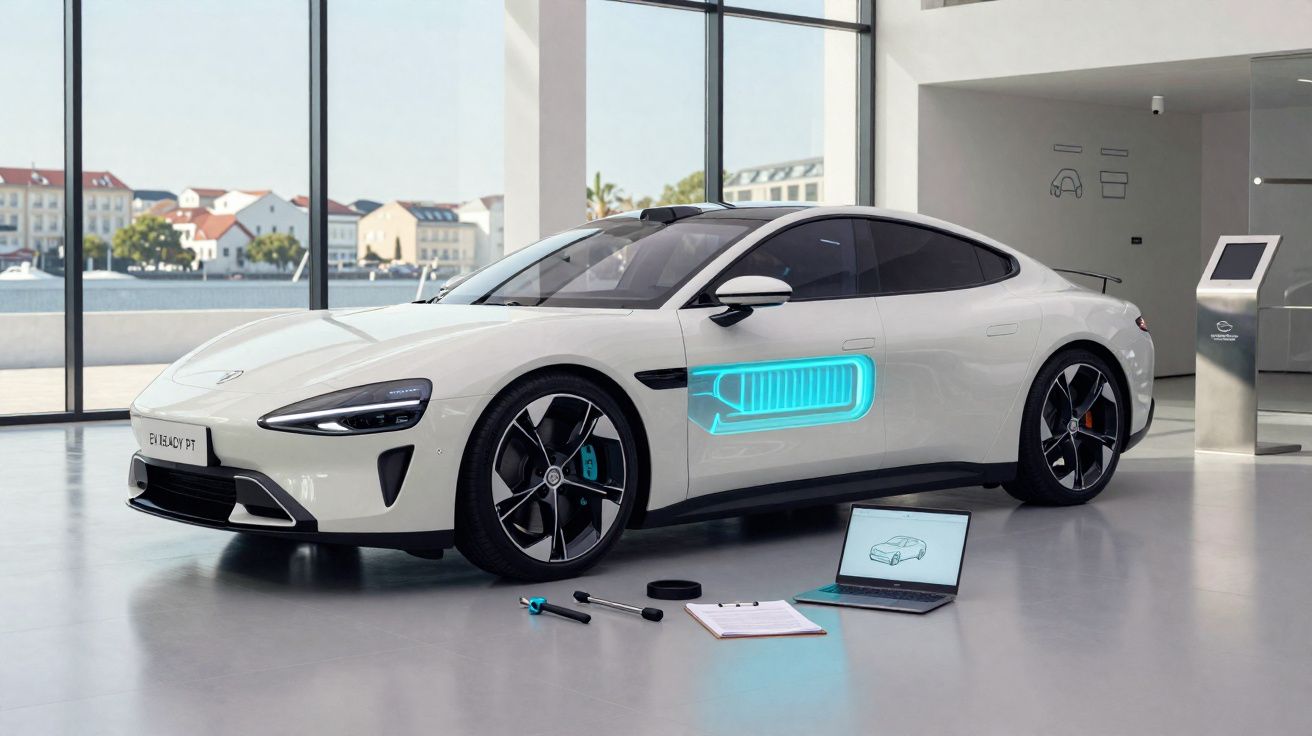 Carro elétrico branco em exposição com ilustração digital da bateria na lateral e laptop ao lado.