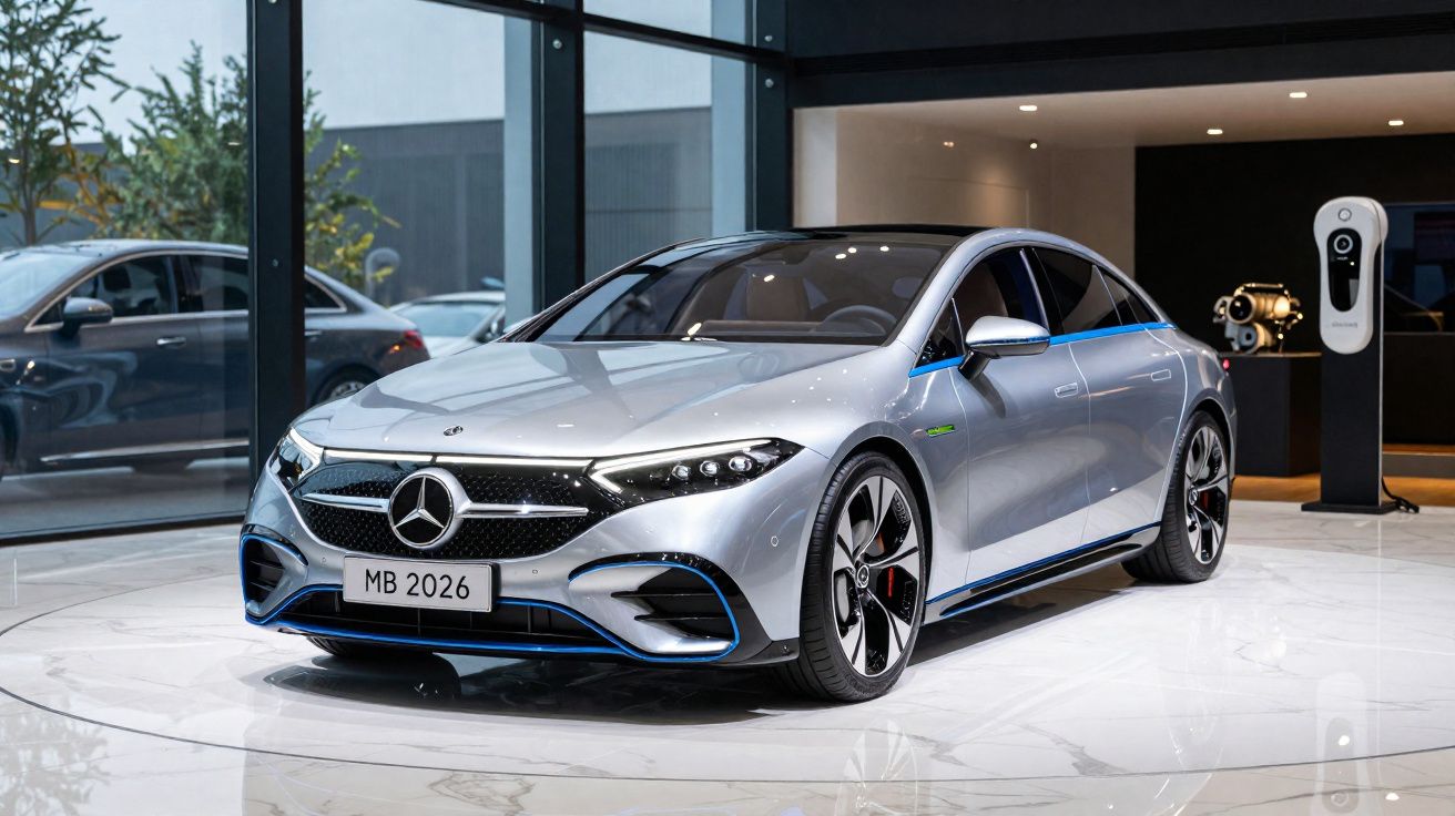 Carro eléctrico Mercedes-Benz prateado em exposição com carregador ao fundo num showroom moderno.