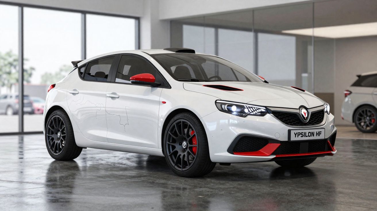 Carro desportivo branco com detalhes vermelhos em exposição num interior moderno e luminoso.