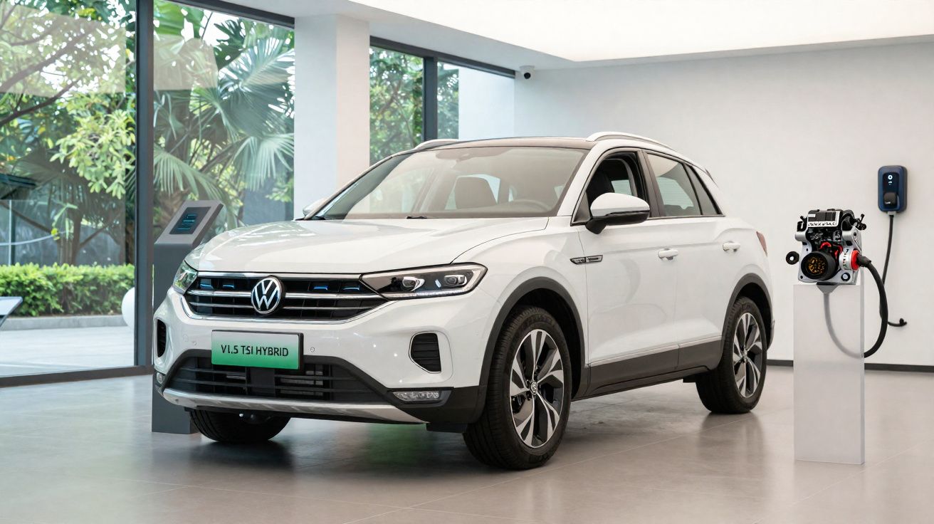 Carro Volkswagen branco modelo V1.5 TSI Hybrid numa sala de exposição com carregador elétrico na parede.