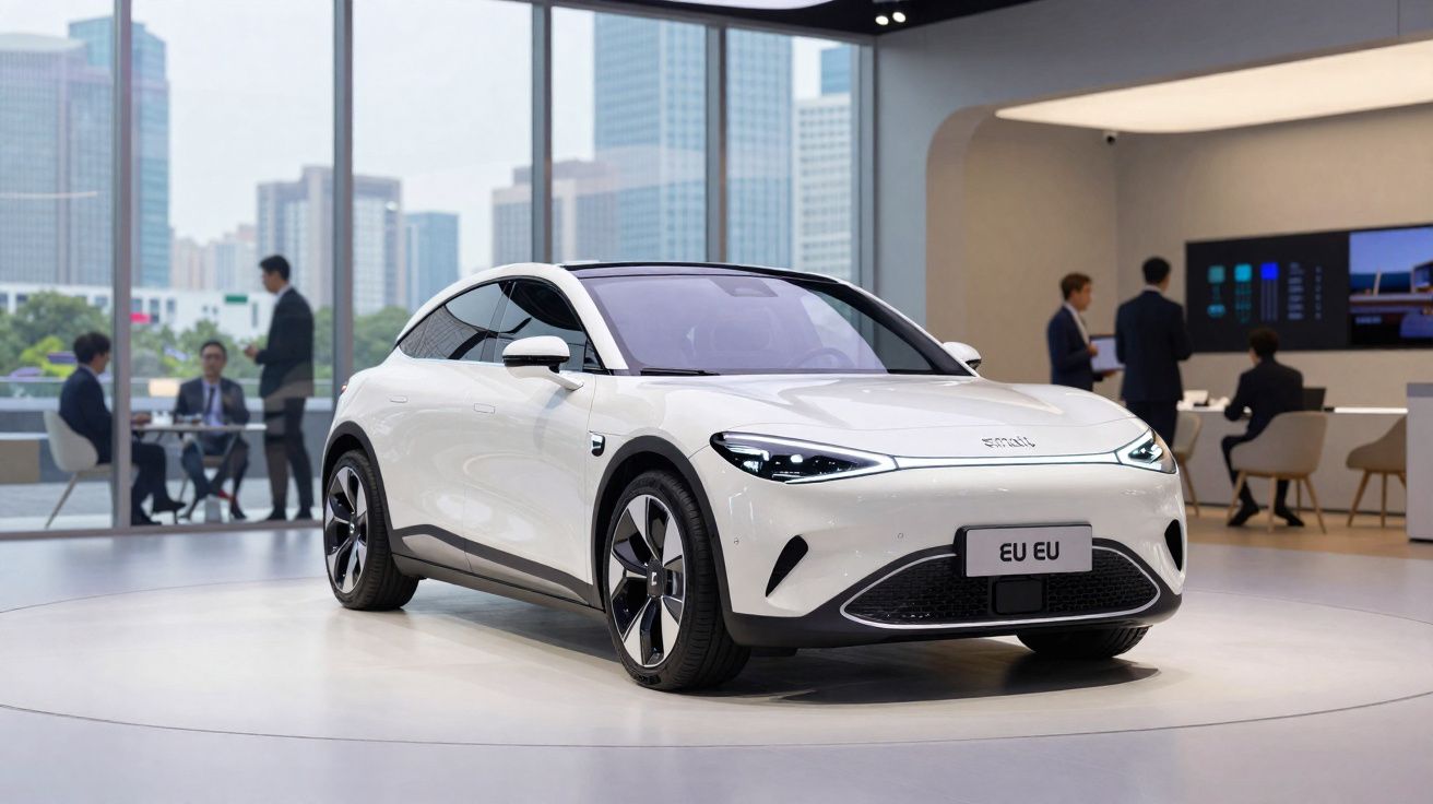 Carro elétrico branco exposto numa sala moderna com pessoas de negócios ao fundo e edifícios visíveis pela janela.