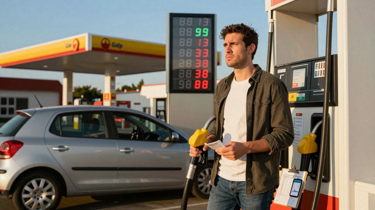 Homem com roupa casual a abastecer carro prateado numa bomba de gasolina ao pôr do sol.