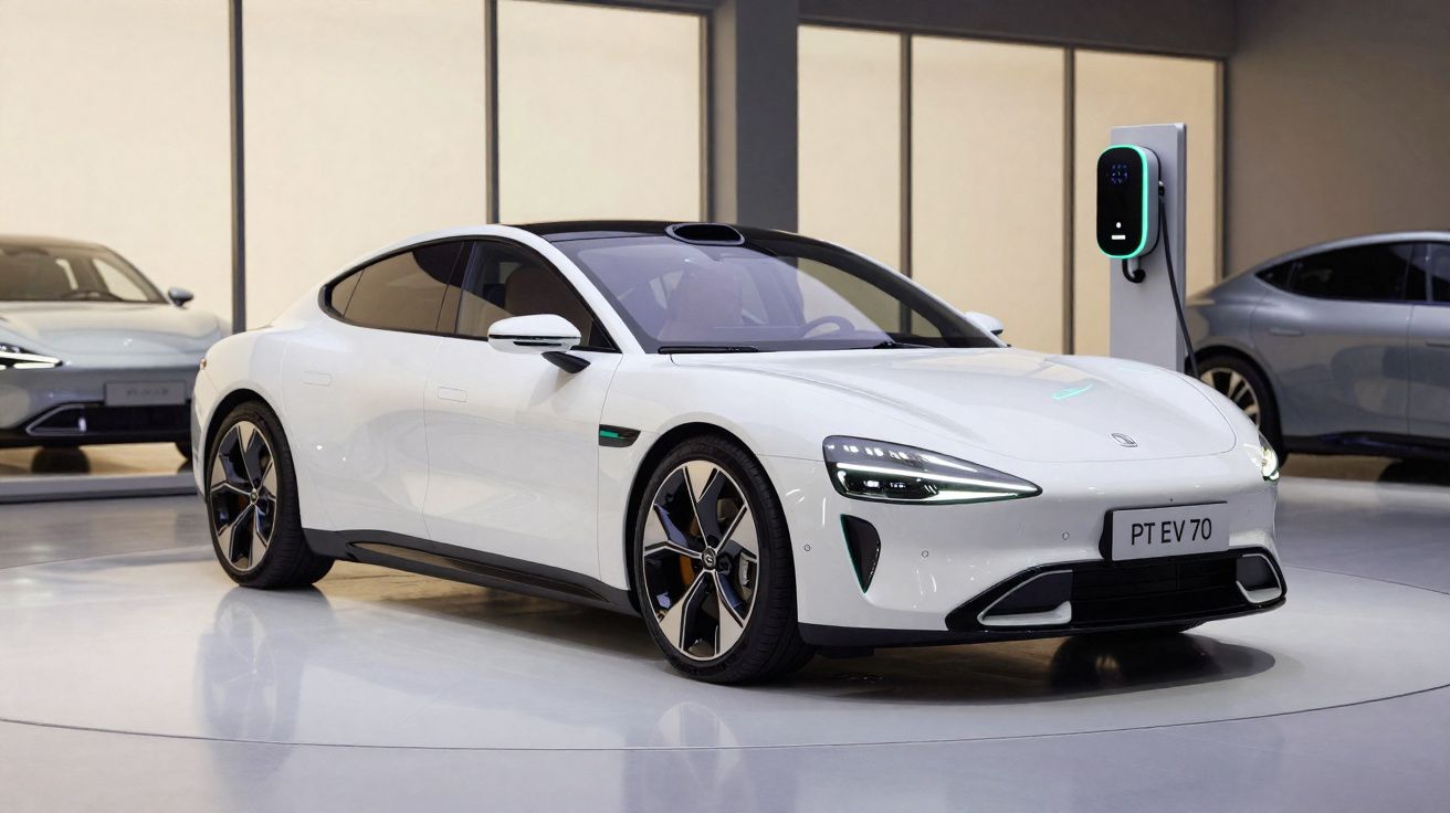 Carro elétrico desportivo branco em exposição num showroom moderno, com posto de carregamento ao fundo.