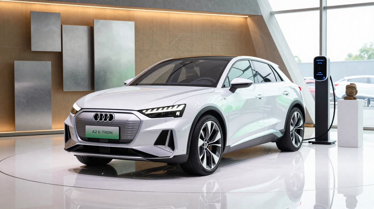 Carro elétrico Audi A2 e-tron branco a carregar numa estação de carregamento interior moderna.