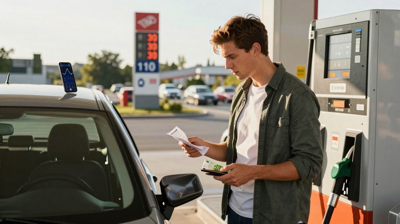 Homem numa bomba de gasolina consulta recibo e carteira junto a carro e smartphone no tejadilho.