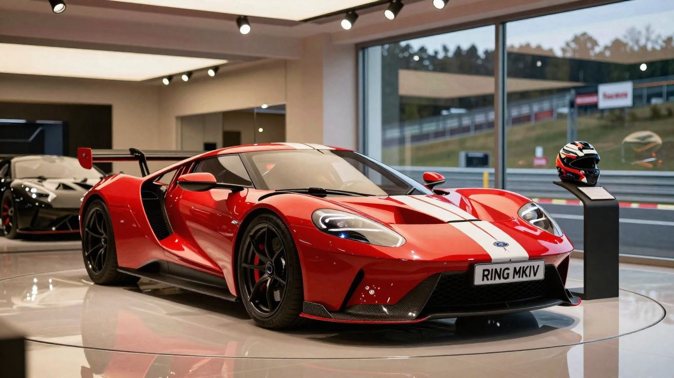 Carro desportivo vermelho com faixa branca e placa personalizada "RING MKIV" em exposição interior.