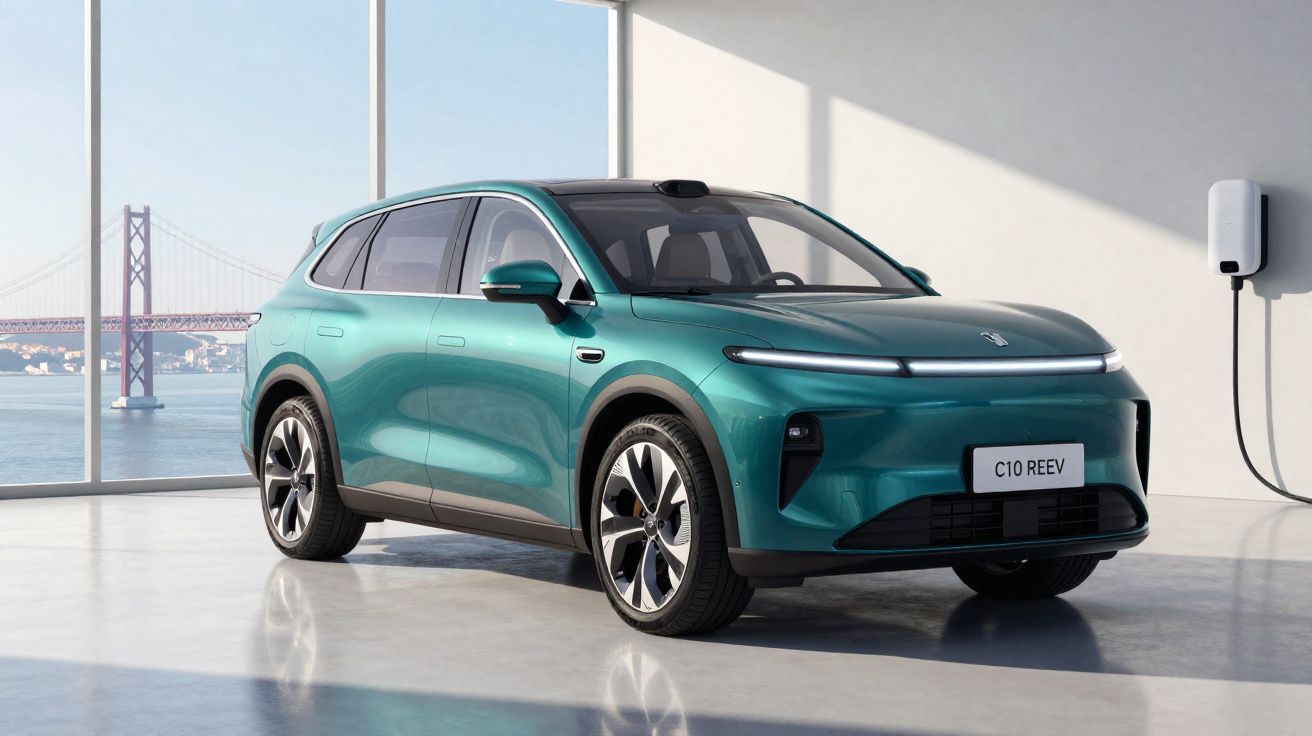 Carro elétrico SUV verde com design moderno estacionado em interior com parede de vidro e ponte ao fundo.