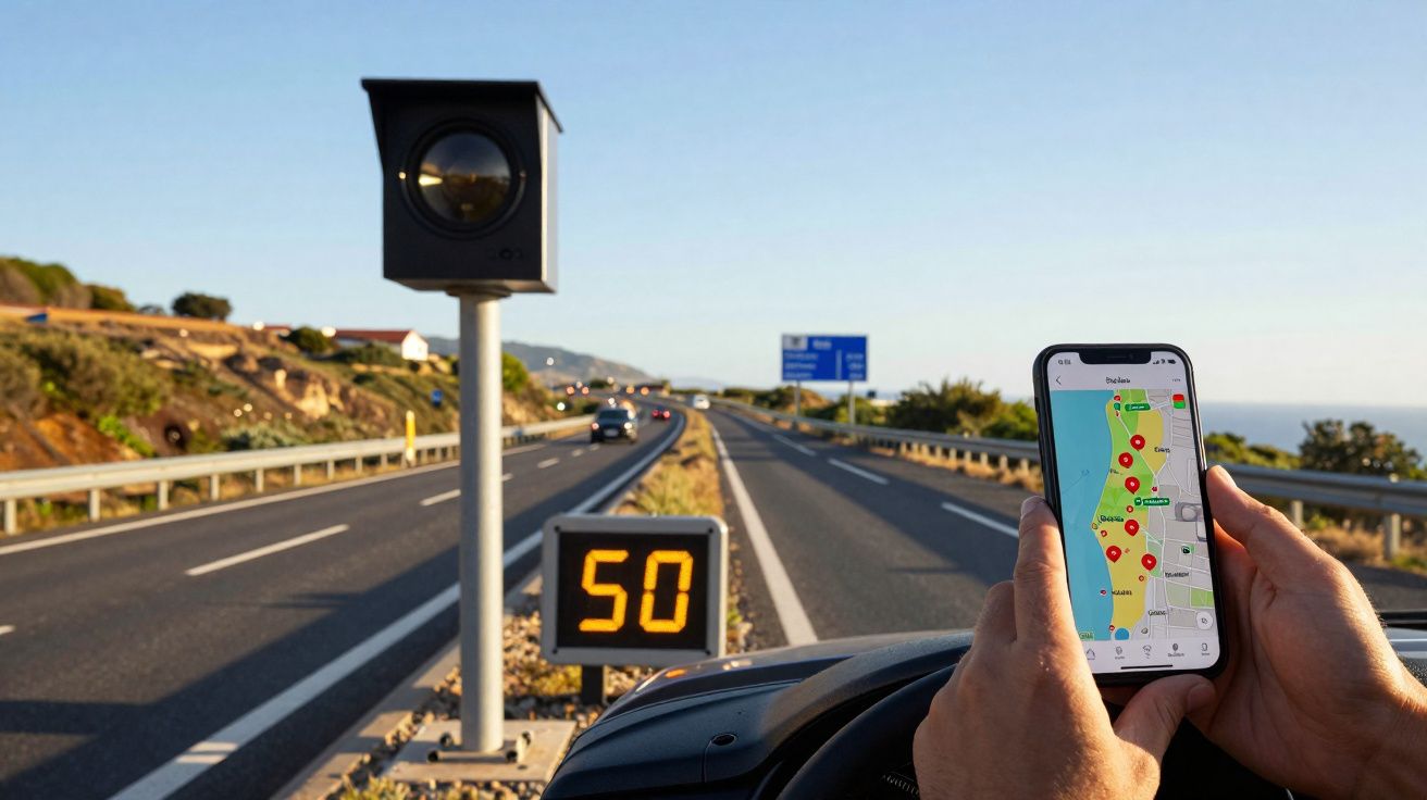 Pessoa a usar telemóvel com mapa na mão enquanto passa por radar com limite de velocidade de 50 numa autoestrada.